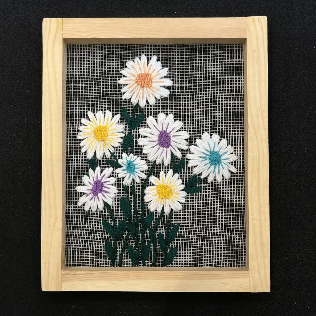 Pastel Daisy Embroidered Wall Hanging with Wooden Frame | 10×12 Inch