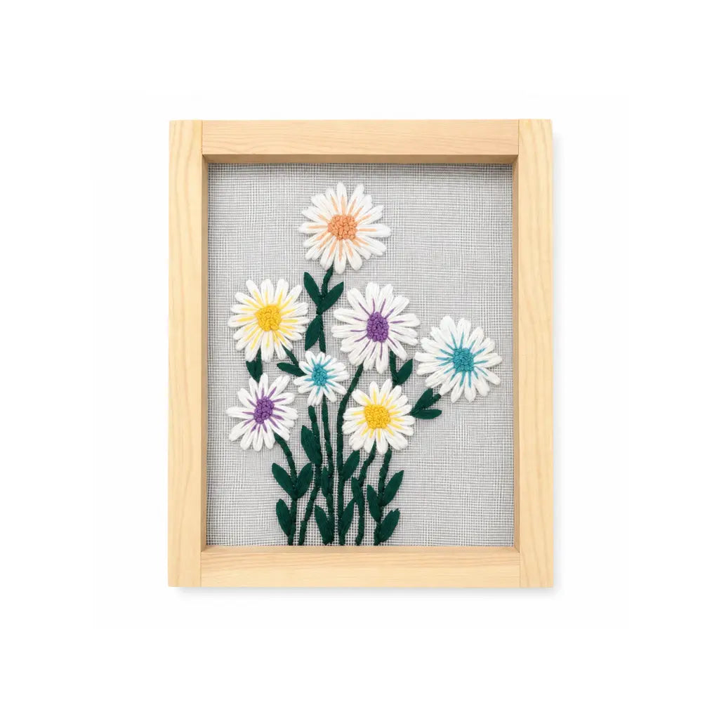 Pastel Daisy Embroidered Wall Hanging with Wooden Frame | 10×12 Inch