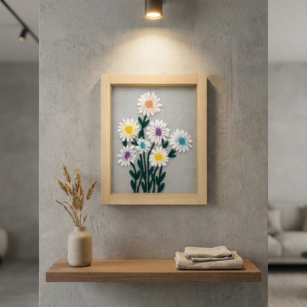 Pastel Daisy Embroidered Wall Hanging with Wooden Frame | 10×12 Inch