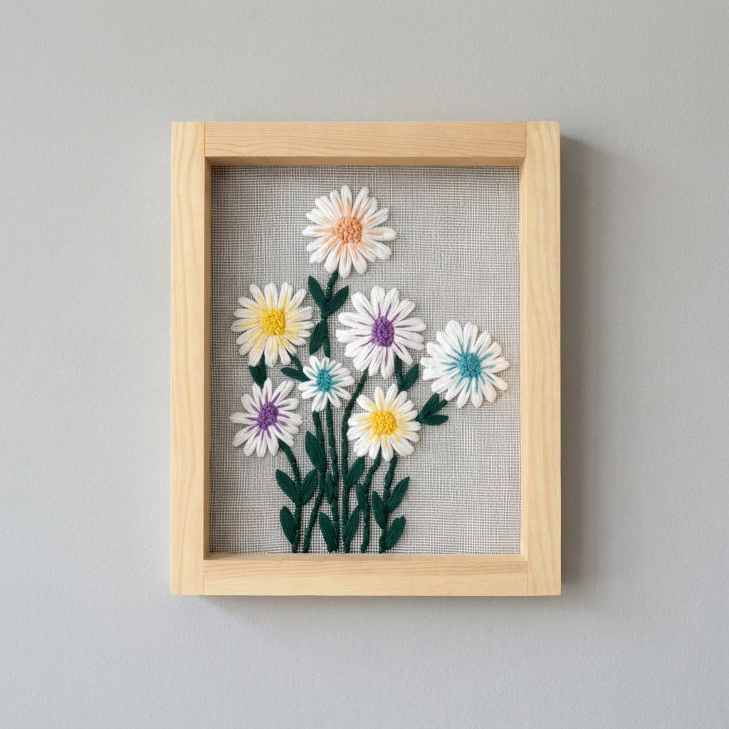 Pastel Daisy Embroidered Wall Hanging with Wooden Frame | 10×12 Inch