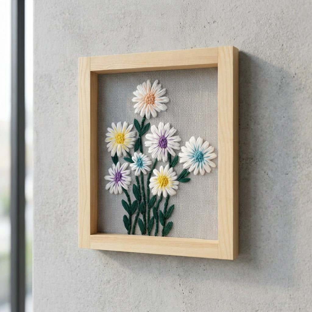 Pastel Daisy Embroidered Wall Hanging with Wooden Frame | 10×12 Inch