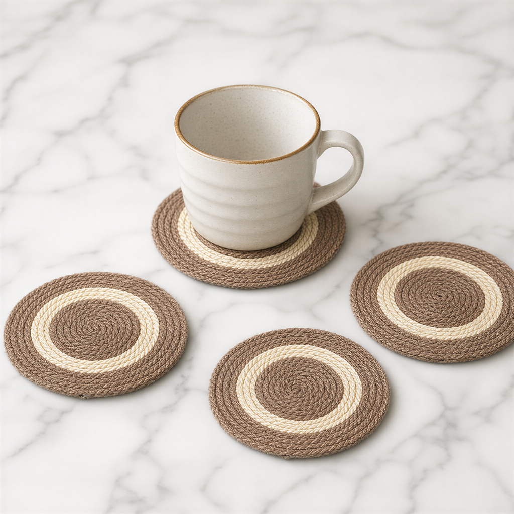 Handcrafted Round Jute Place Mat | Natural Jute Mats & Cup Coaster Set