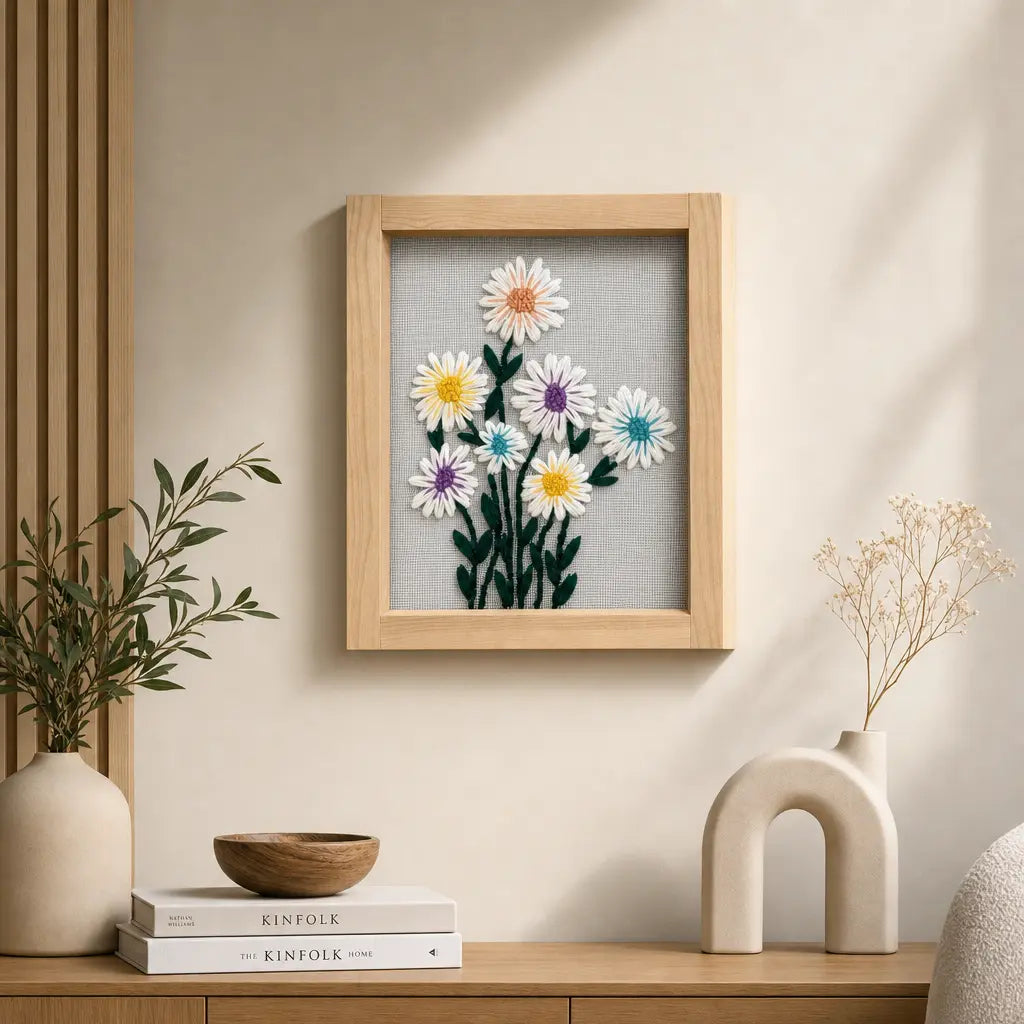 Pastel Daisy Embroidered Wall Hanging with Wooden Frame | 10×12 Inch
