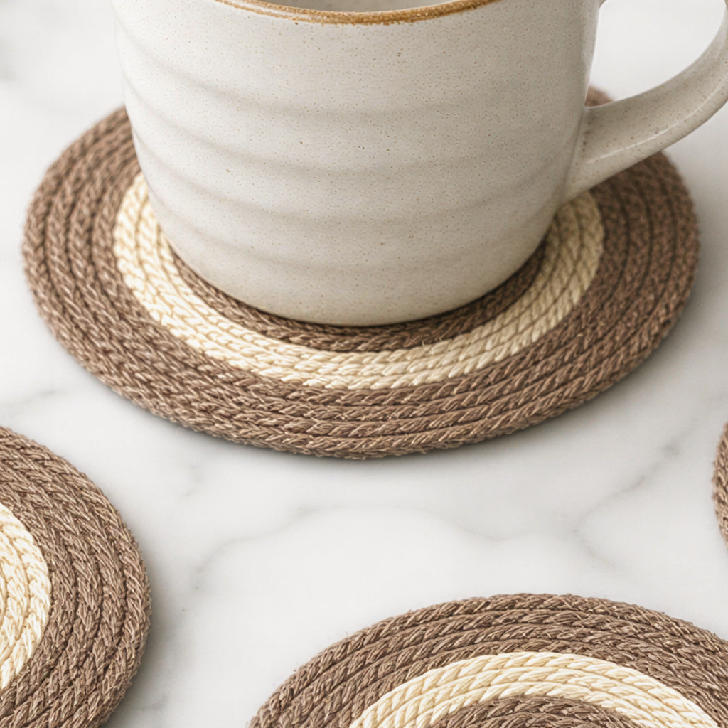 Handcrafted Round Jute Place Mat | Natural Jute Mats & Cup Coaster Set