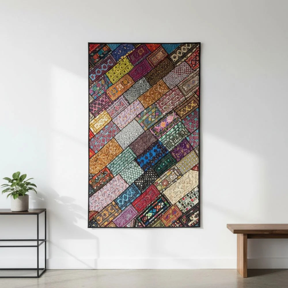 Vintage Tribal Patchwork Quilt – Mixed Pattern, Fabric Collage, Boho Decor Throw, Handmade by Craftswomen from Thar Desert, Sindh, Pakistan