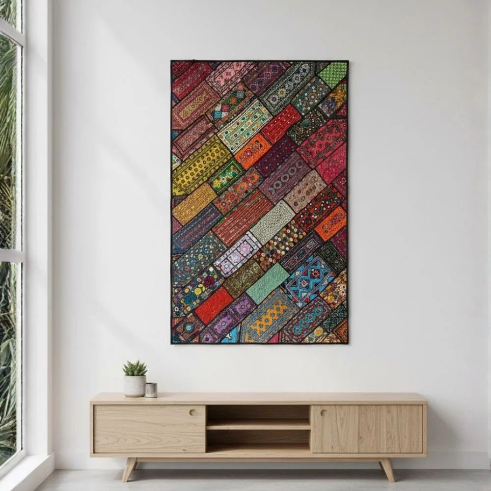 Bohemian Multicolor Geometric Ralli Quilt – Traditional Patchwork, Folk Art, Handmade by Craftswomen from Thar Desert, Sindh, Pakistan