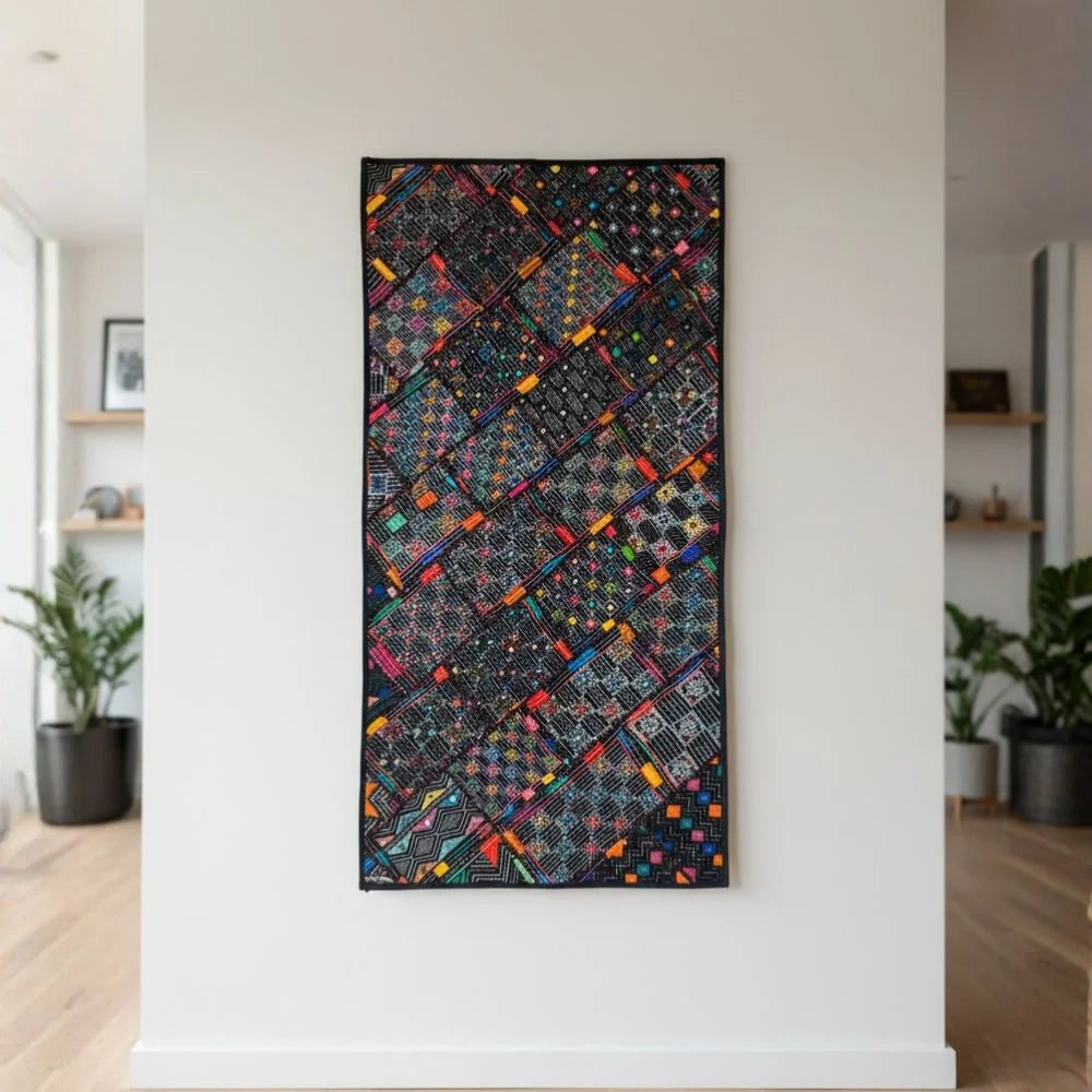 Vintage Multicolor Ralli Quilt –Bohemian Art Piece, Folk Patchwork, Mirror Work, Handmade by Craftswomen from Thar Desert, Sindh, Pakistan