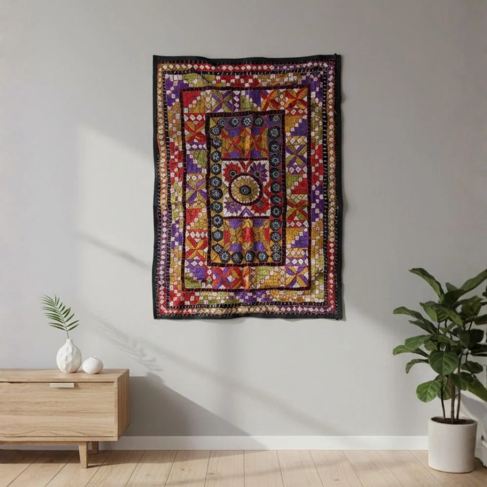 Multicolor Geometric Ralli Quilt – Vintage Patchwork, Embroidery, Mirror Work, Handmade by Craftswomen from Thar Desert, Sindh, Pakistan