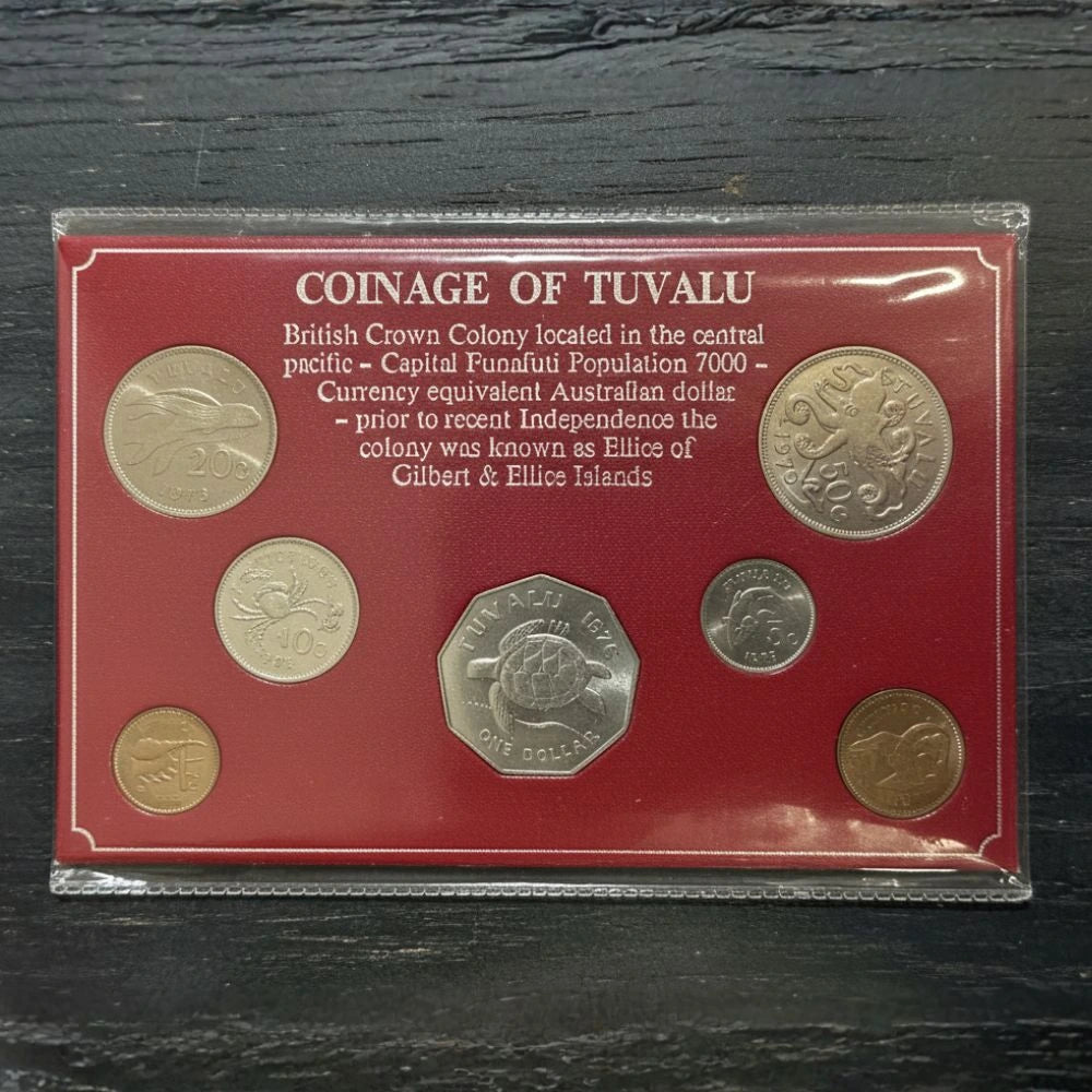 Tuvalu First Coinage Uncirculated Set (c. 1976), 7 Coins in Original Wallet, Queen Elizabeth II