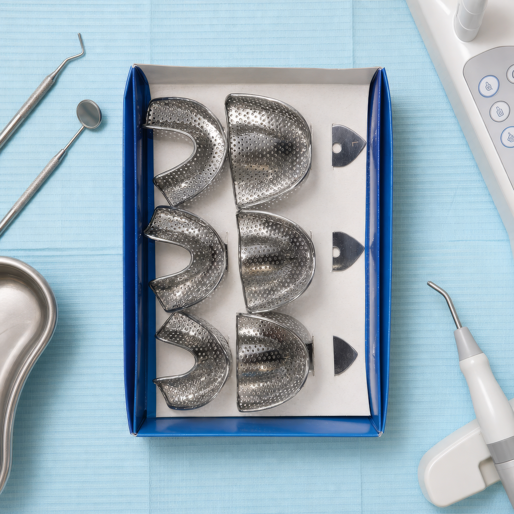 Premium Dental Impression Tray Set - 6 Pcs Perforated Stainless Steel Full Arch Upper & Lower Metal Trays