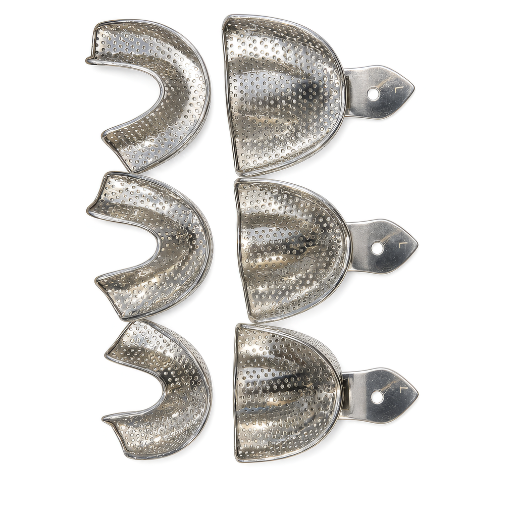Premium Dental Impression Tray Set - 6 Pcs Perforated Stainless Steel Full Arch Upper & Lower Metal Trays