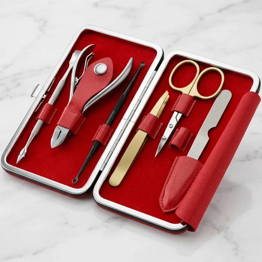 Professional Mini Mani Pedi Kit 6-in-1 - Nail Grooming Set with Red Clamshell Case