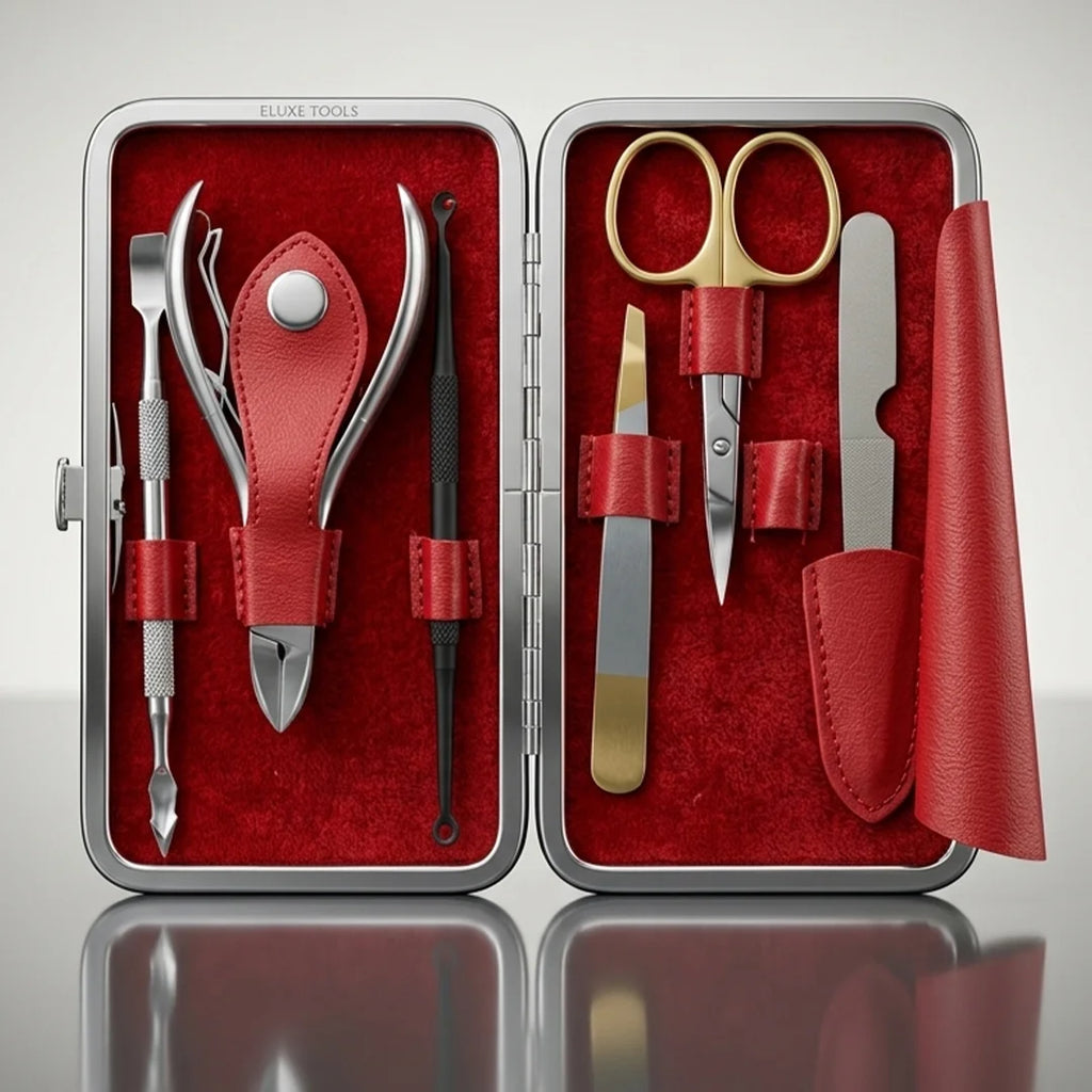 Professional Mini Mani Pedi Kit 6-in-1 - Nail Grooming Set with Red Clamshell Case