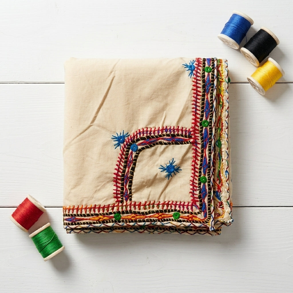 Handmade Traditional  Embroidered Beige Shawl, Cultural Dupatta & Wall Hanging