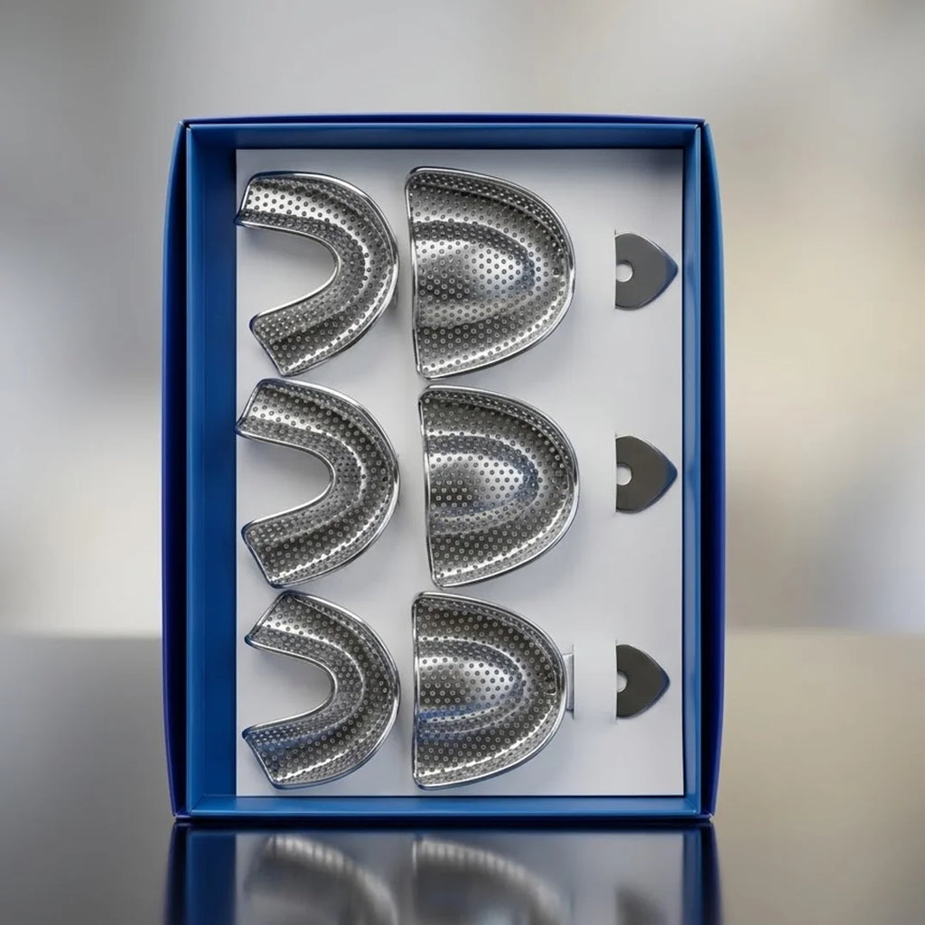 Premium Dental Impression Tray Set - 6 Pcs Perforated Stainless Steel Full Arch Upper & Lower Metal Trays