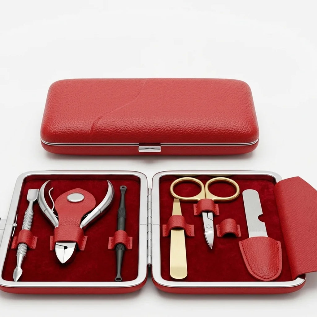 Professional Mini Mani Pedi Kit 6-in-1 - Nail Grooming Set with Red Clamshell Case