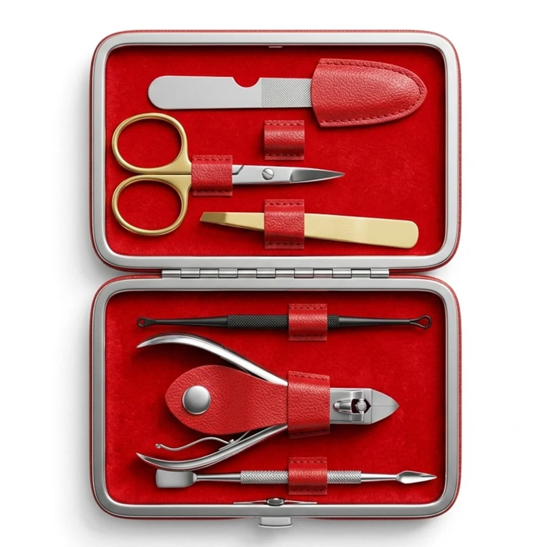Professional Mini Mani Pedi Kit 6-in-1 - Nail Grooming Set with Red Clamshell Case