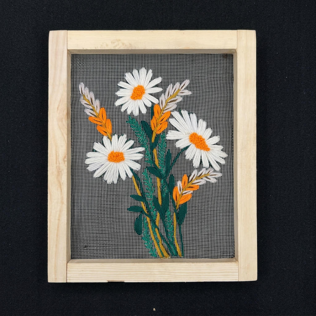 White Daisy Floral Embroidered Wall Hanging with Wooden Frame | 10×12 Inch