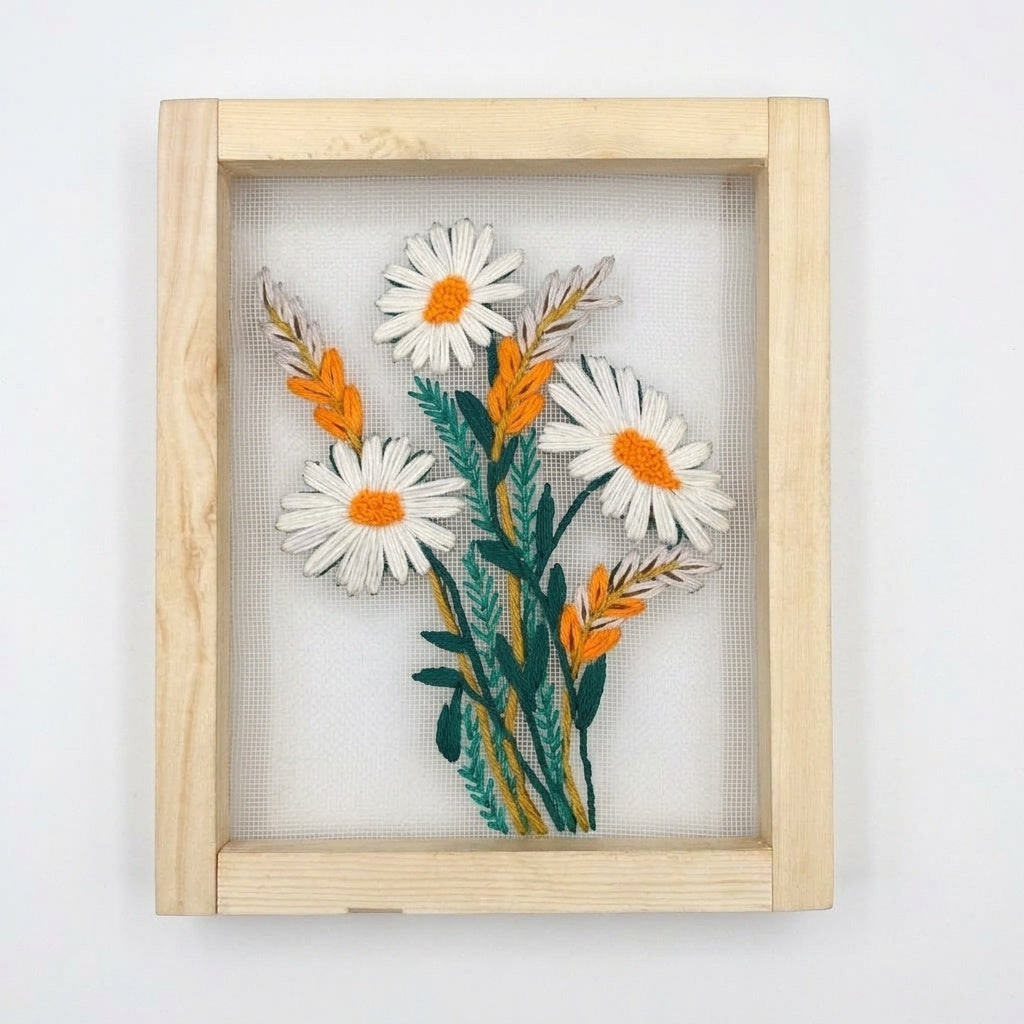 White Daisy Floral Embroidered Wall Hanging with Wooden Frame | 10×12 Inch