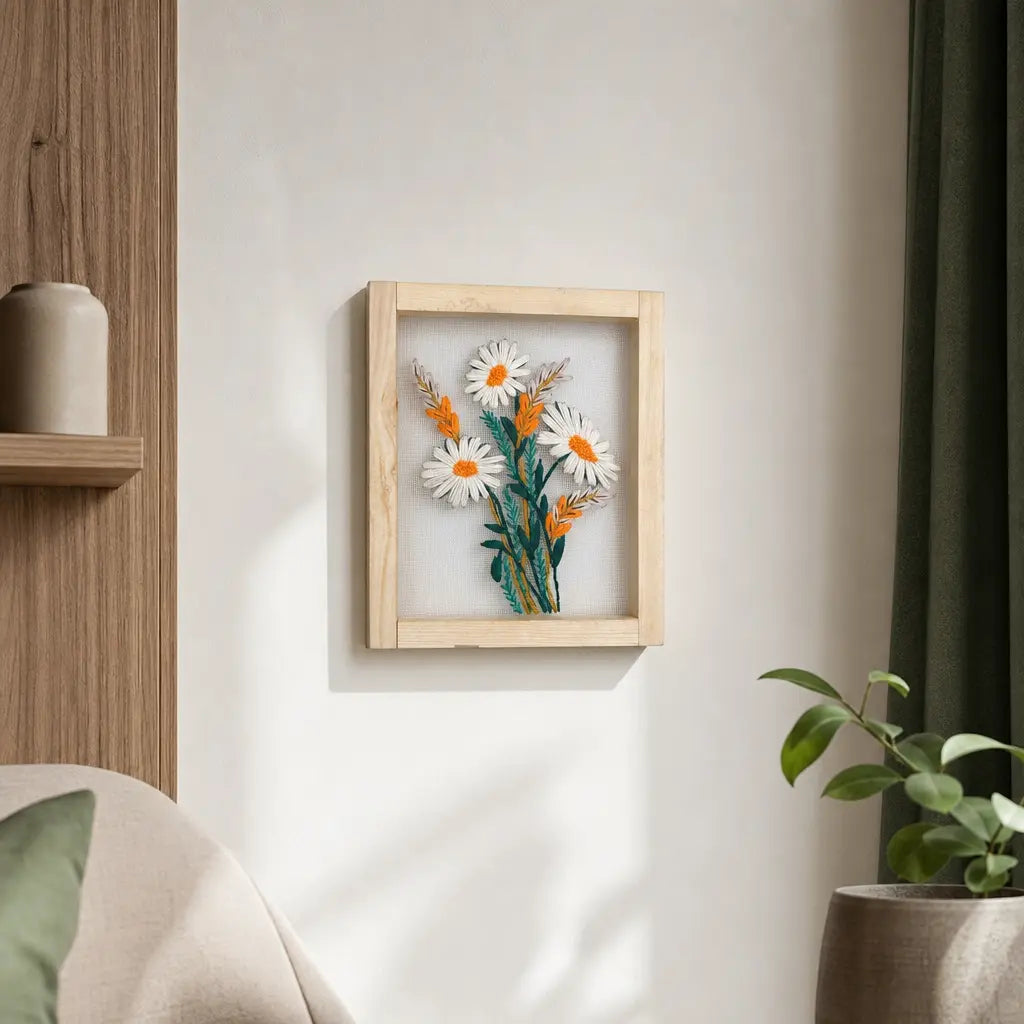 White Daisy Floral Embroidered Wall Hanging with Wooden Frame | 10×12 Inch