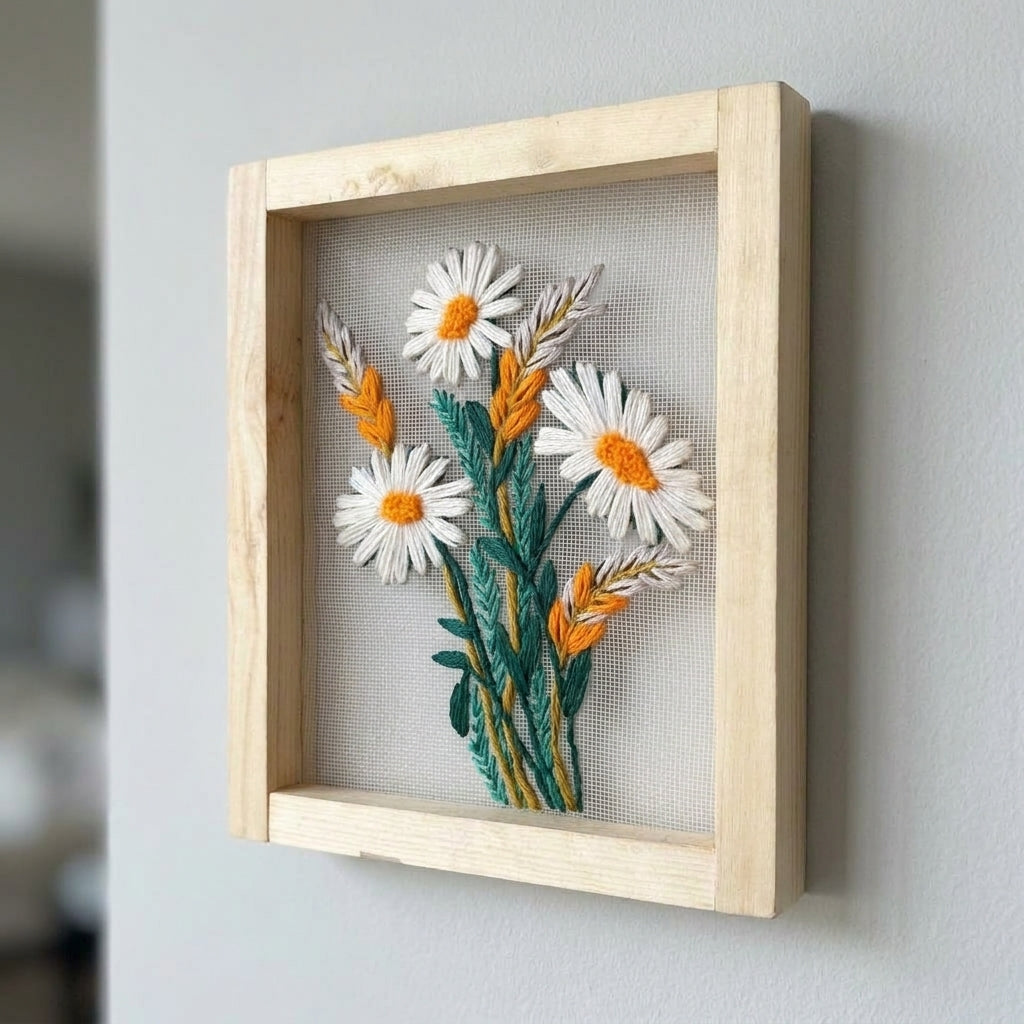 White Daisy Floral Embroidered Wall Hanging with Wooden Frame | 10×12 Inch