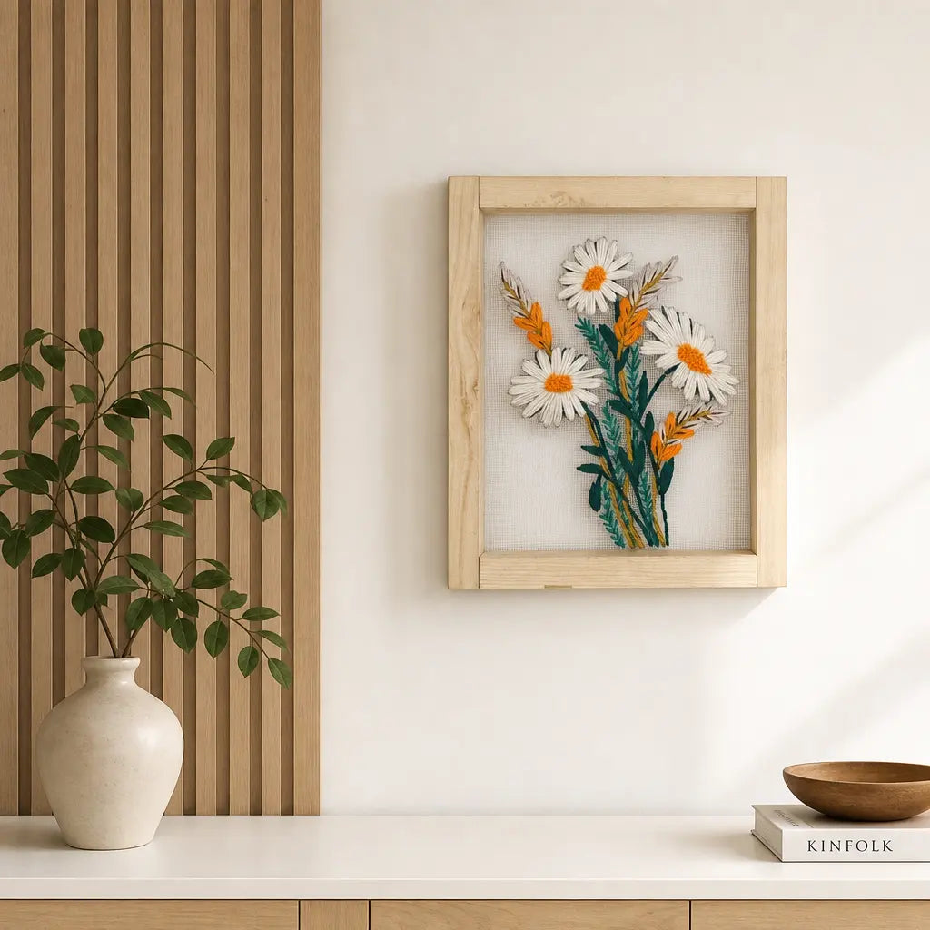 White Daisy Floral Embroidered Wall Hanging with Wooden Frame | 10×12 Inch