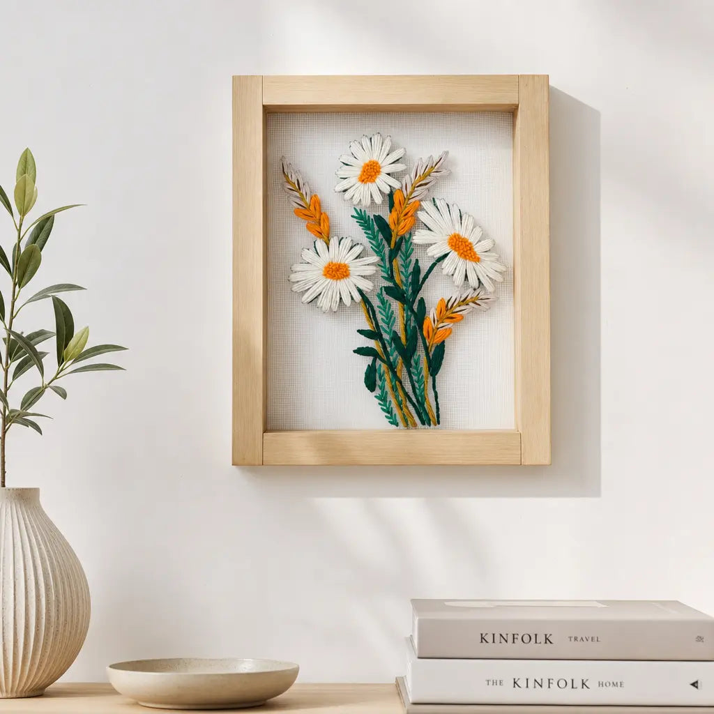 White Daisy Floral Embroidered Wall Hanging with Wooden Frame | 10×12 Inch