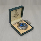 Masonic Square & Compasses “G” Quartz Pocket Watch with Chain in Gift Box – Chrome Tone, Blue Lodge Symbol