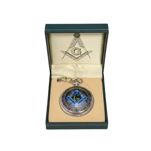 Masonic Square & Compasses “G” Quartz Pocket Watch with Chain in Gift Box – Chrome Tone, Blue Lodge Symbol