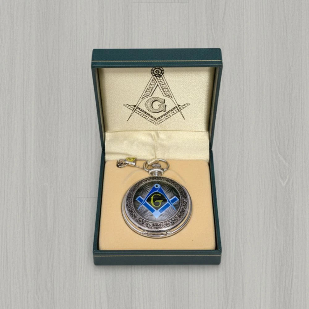 Masonic Square & Compasses “G” Quartz Pocket Watch with Chain in Gift Box – Chrome Tone, Blue Lodge Symbol