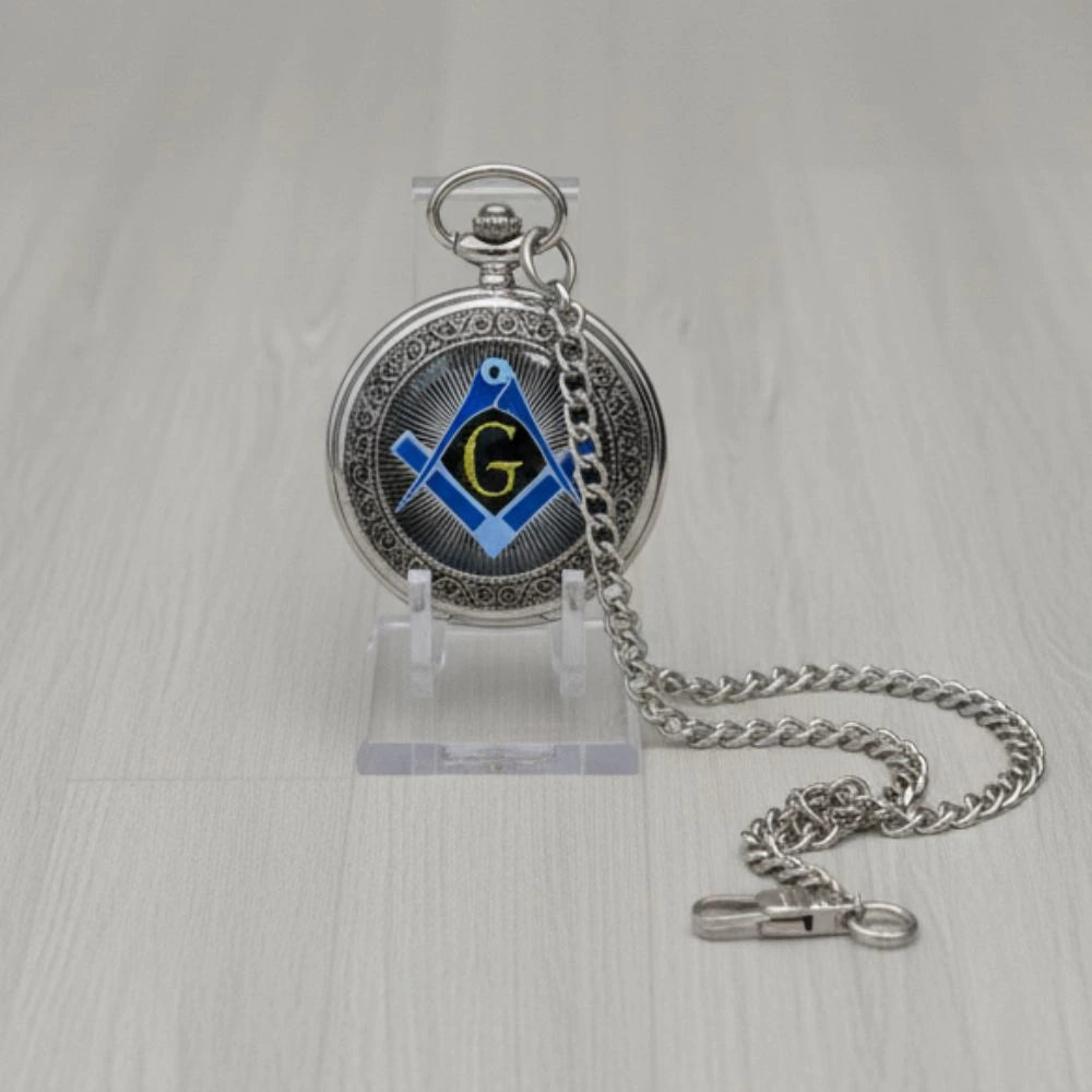 Masonic Square & Compasses “G” Quartz Pocket Watch with Chain in Gift Box – Chrome Tone, Blue Lodge Symbol