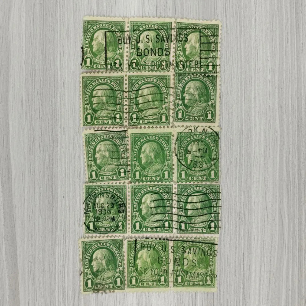 1908–1922 Benjamin Franklin 1¢ Green Stamps with “Buy U.S. Savings Bonds” Slogan Cancels