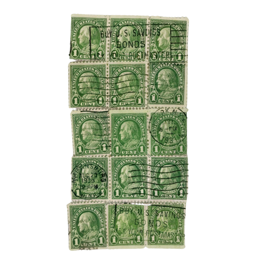 1908–1922 Benjamin Franklin 1¢ Green Stamps with “Buy U.S. Savings Bonds” Slogan Cancels