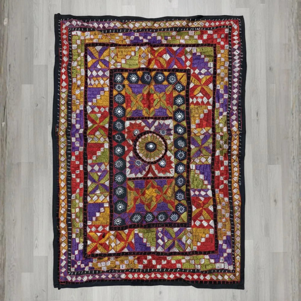 Multicolor Geometric Ralli Quilt – Vintage Patchwork, Embroidery, Mirror Work, Handmade by Craftswomen from Thar Desert, Sindh, Pakistan
