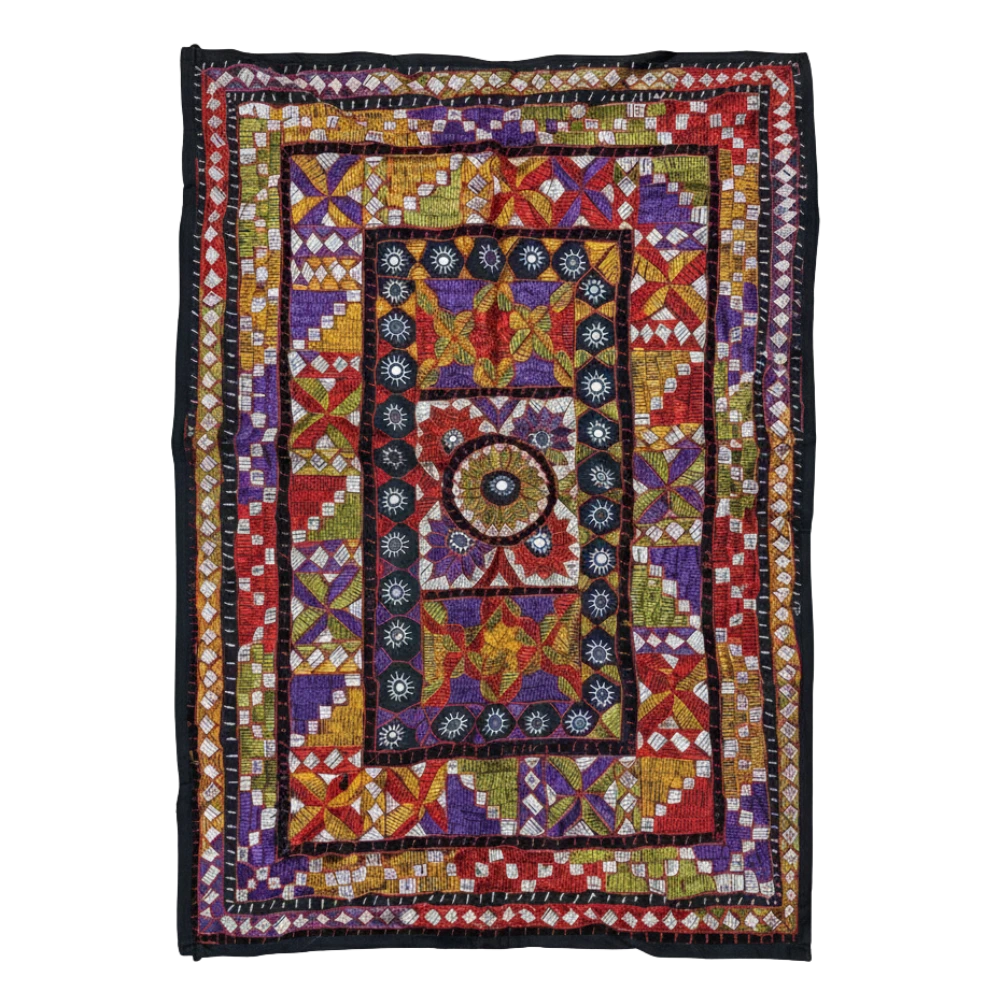 Multicolor Geometric Ralli Quilt – Vintage Patchwork, Embroidery, Mirror Work, Handmade by Craftswomen from Thar Desert, Sindh, Pakistan
