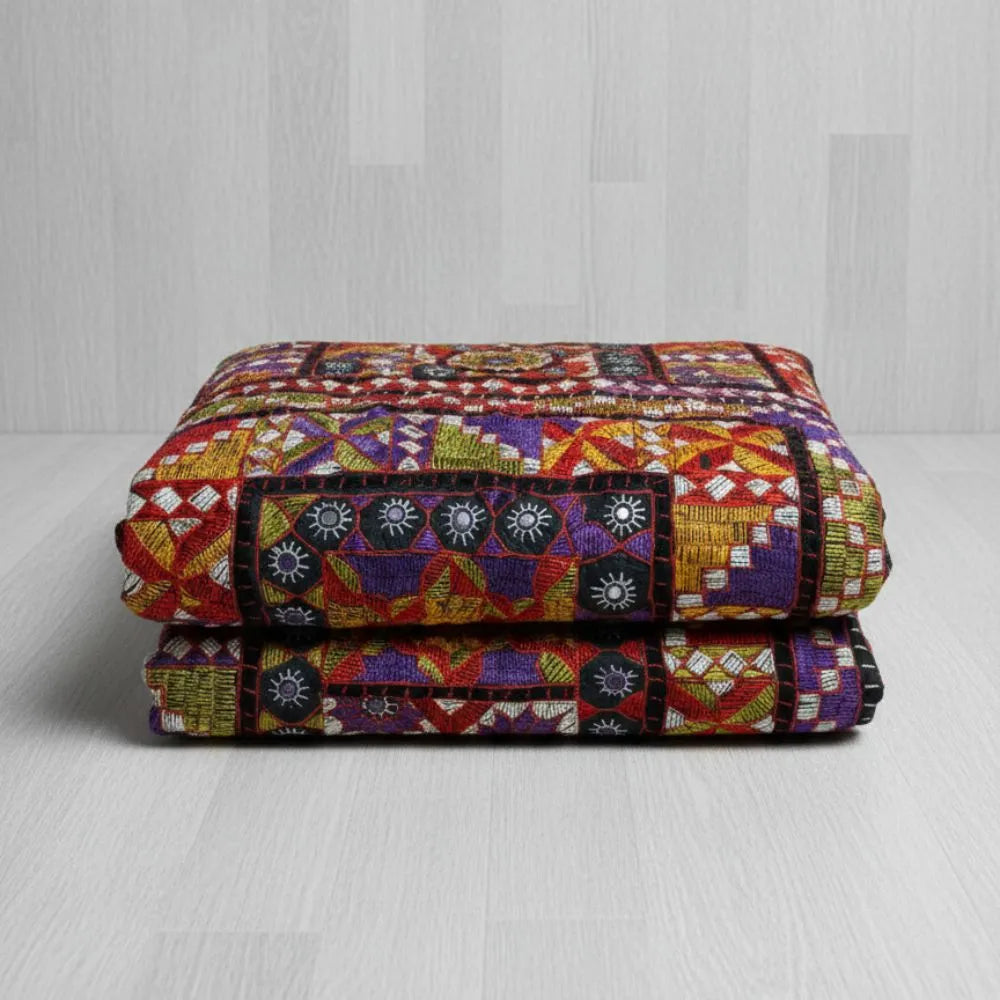 Multicolor Geometric Ralli Quilt – Vintage Patchwork, Embroidery, Mirror Work, Handmade by Craftswomen from Thar Desert, Sindh, Pakistan