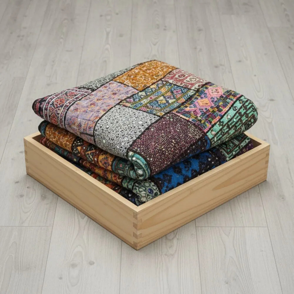 Vintage Tribal Patchwork Quilt – Mixed Pattern, Fabric Collage, Boho Decor Throw, Handmade by Craftswomen from Thar Desert, Sindh, Pakistan
