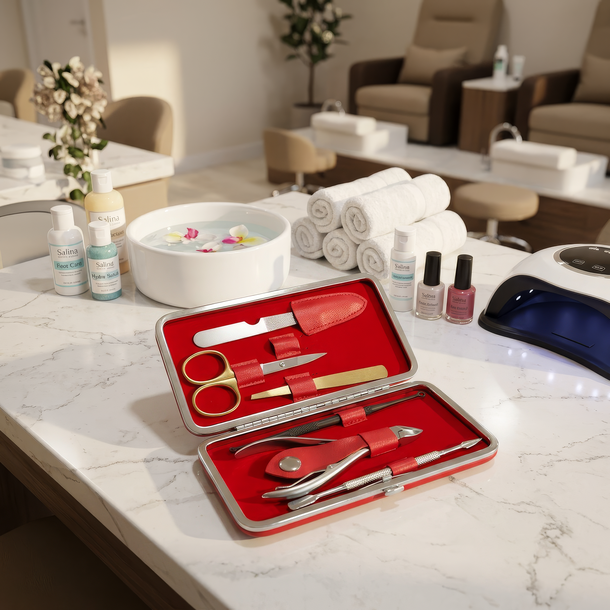 Professional Mini Mani Pedi Kit 6-in-1 - Nail Grooming Set with Red Clamshell Case