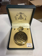 Gold‑Tone Masonic “G” Full‑Hunter Quartz Pocket Watch with Box — Square & Compasses, All‑Seeing Eye Design