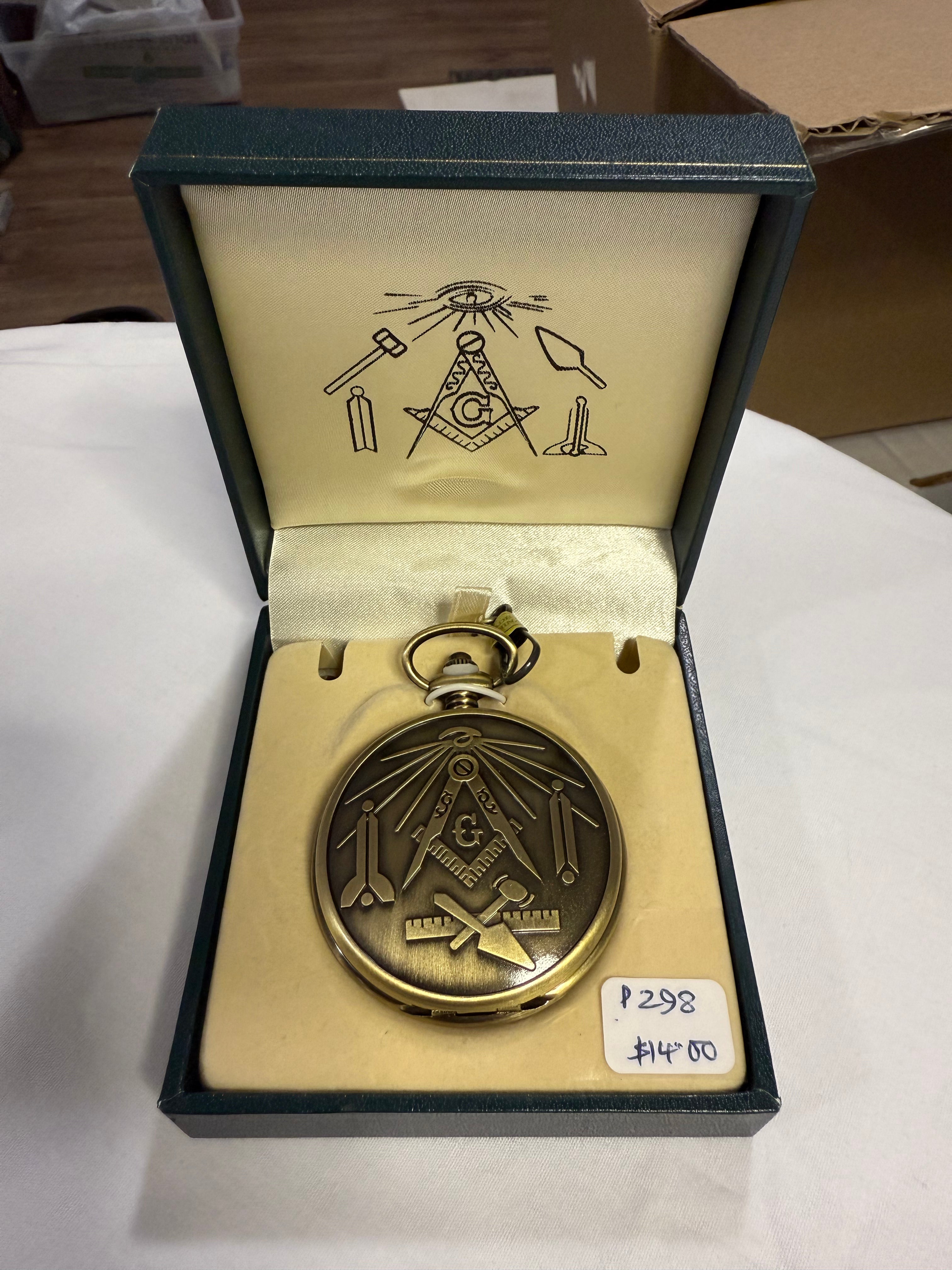 Gold‑Tone Masonic “G” Full‑Hunter Quartz Pocket Watch with Box — Square & Compasses, All‑Seeing Eye Design