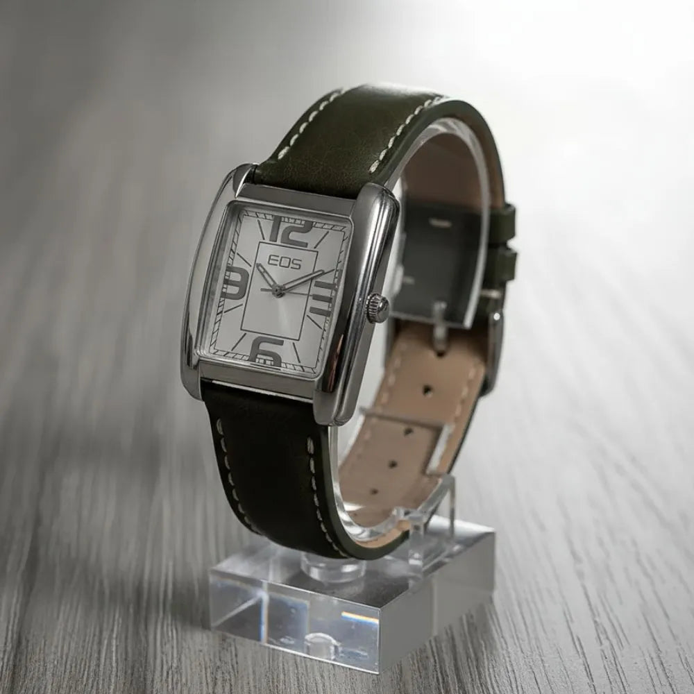 Women’s Rectangular Silver‑Dial Quartz Watch, Oversized Numerals, Olive Leather Strap, Boxed Set
