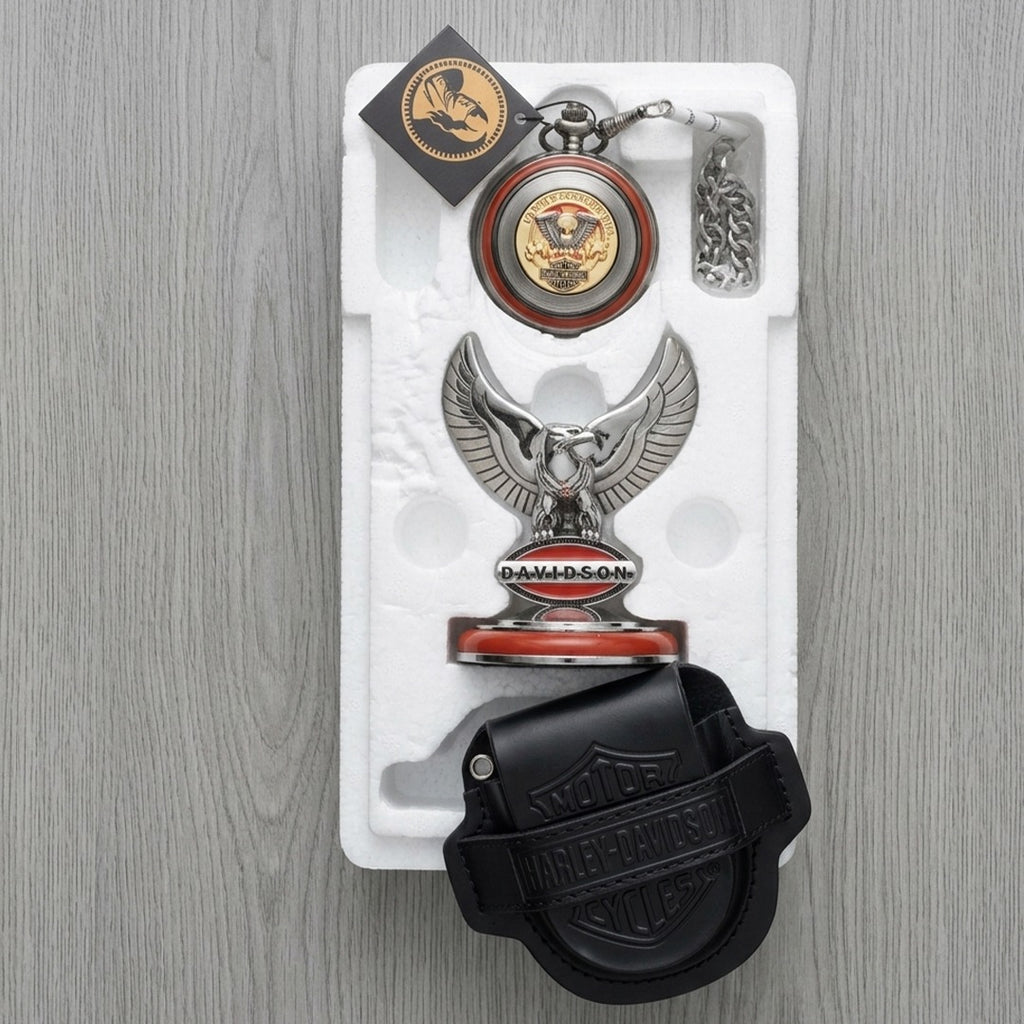 Franklin Mint Harley‑Davidson Pocket Watch with Eagle Desk Stand, Boxed, Unused