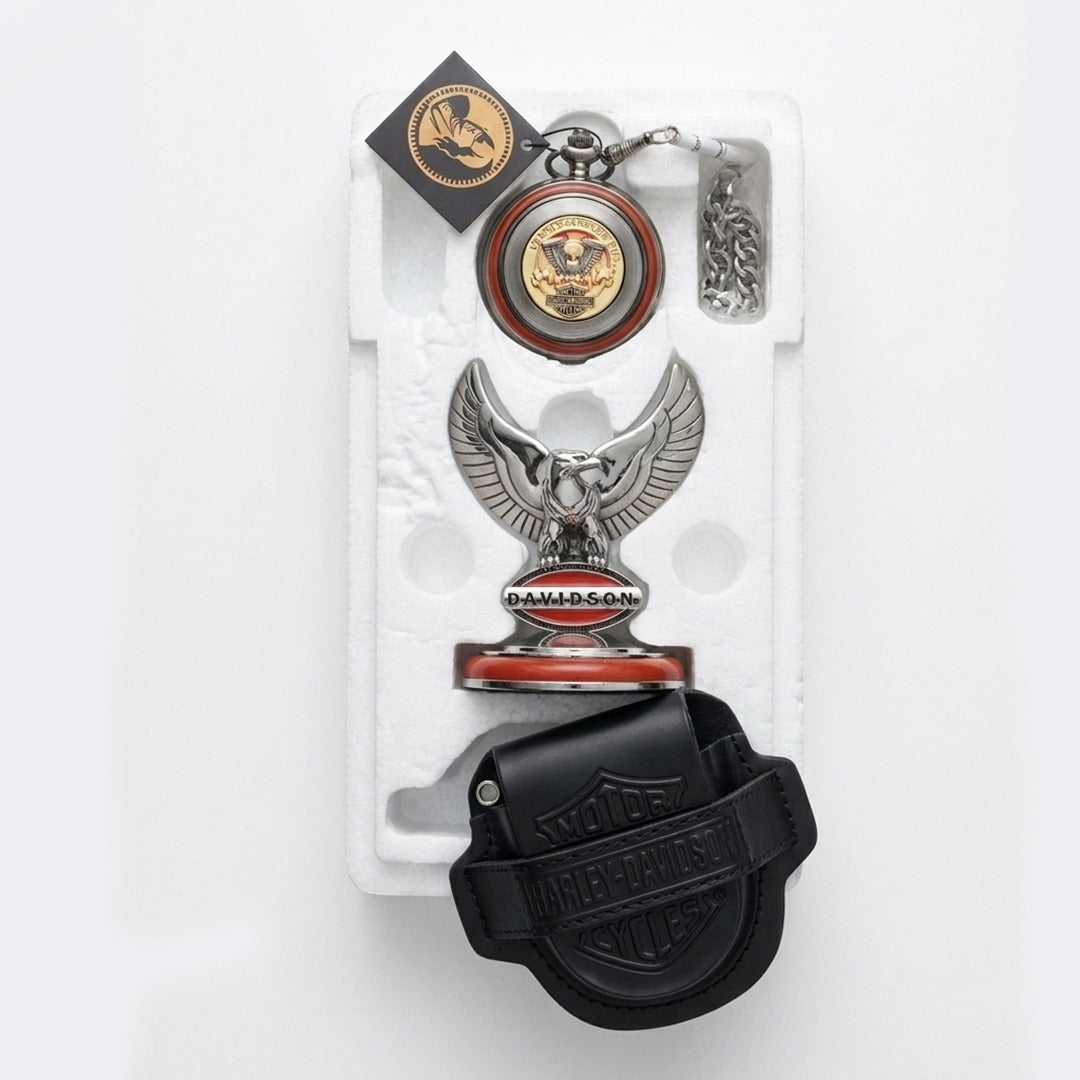 Franklin Mint Harley‑Davidson Pocket Watch with Eagle Desk Stand, Boxed, Unused
