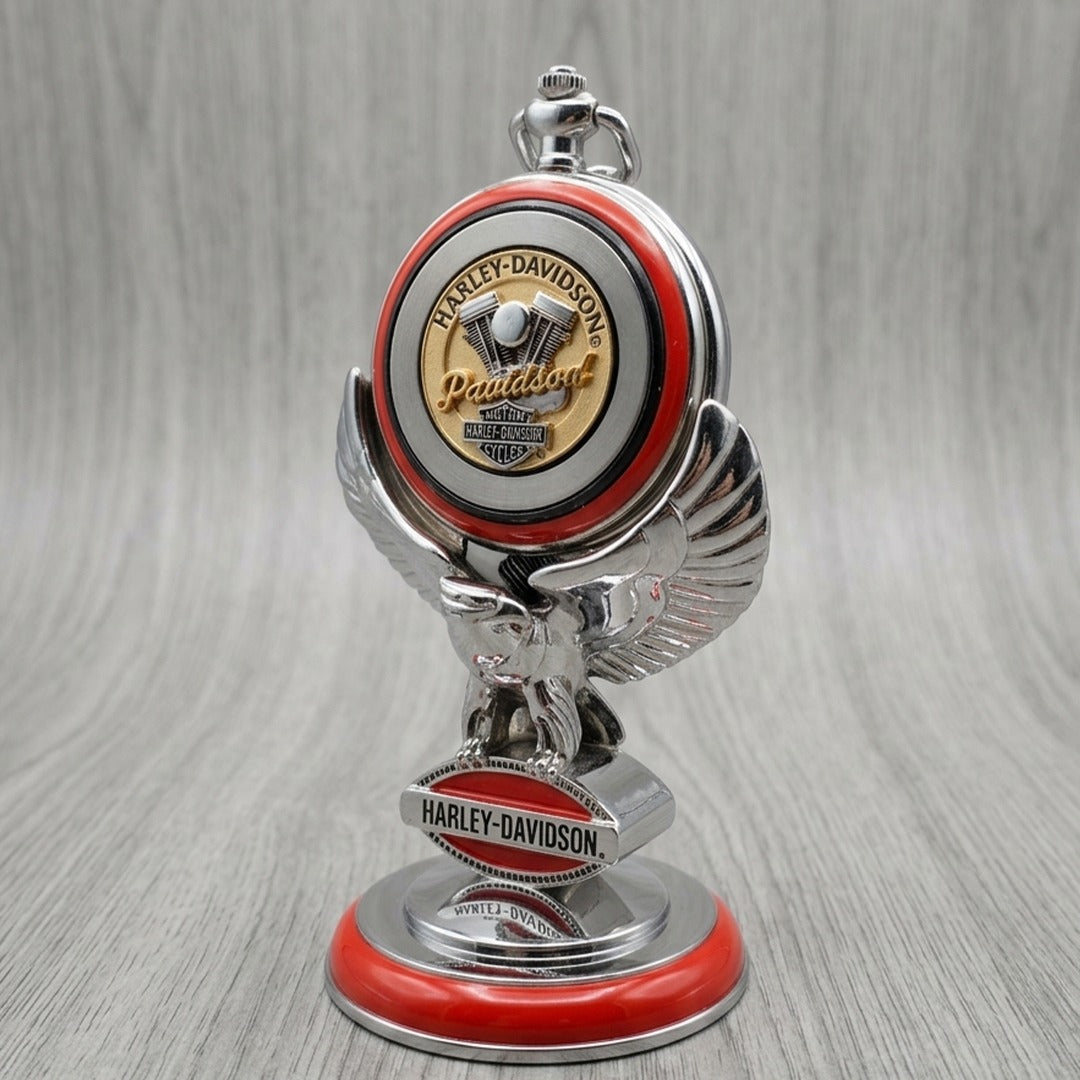 Franklin Mint Harley‑Davidson Pocket Watch with Eagle Desk Stand, Boxed, Unused