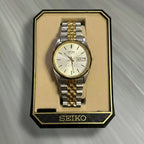Seiko Quartz Day‑Date Men’s Watch, Two‑Tone Jubilee Bracelet, Silver “Platinum” Dial, Boxed, 1990s