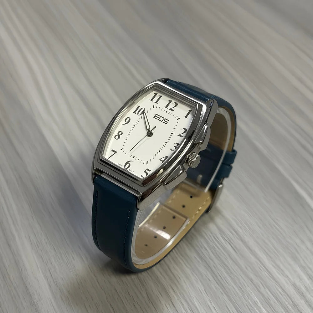 EOS New York Tonneau Quartz Watch, Japan Mov’t, Blue Leather Strap, Boxed, Women/Unisex