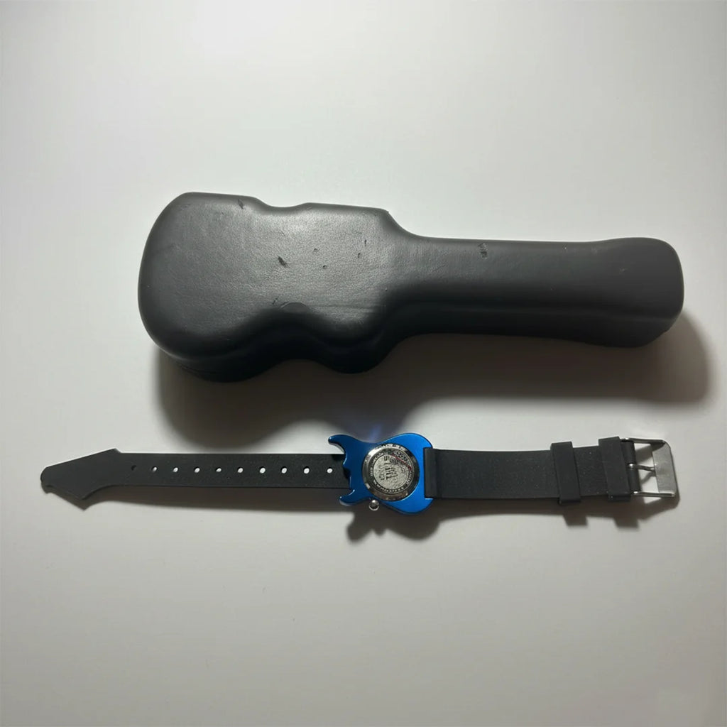 Guitar‑Shaped Quartz Wristwatch with Hard Guitar Case, Blue Body, Rock & Roll Novelty, 1990s–2000s