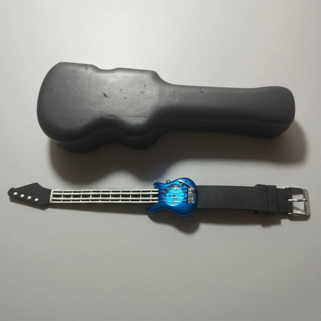 Guitar‑Shaped Quartz Wristwatch with Hard Guitar Case, Blue Body, Rock & Roll Novelty, 1990s–2000s