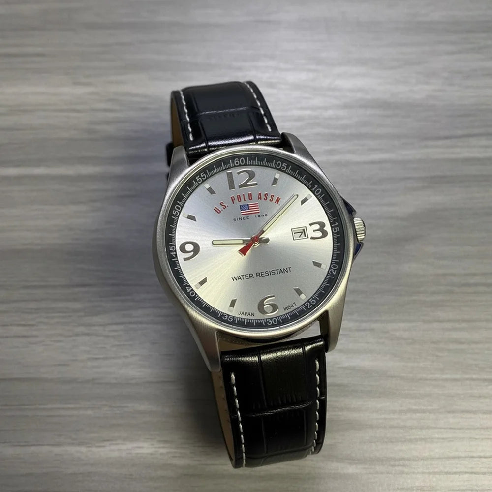 U.S. Polo Assn. Men’s Quartz Watch, Silver Dial, Date, Japan Mov’t, Leather Strap, Boxed