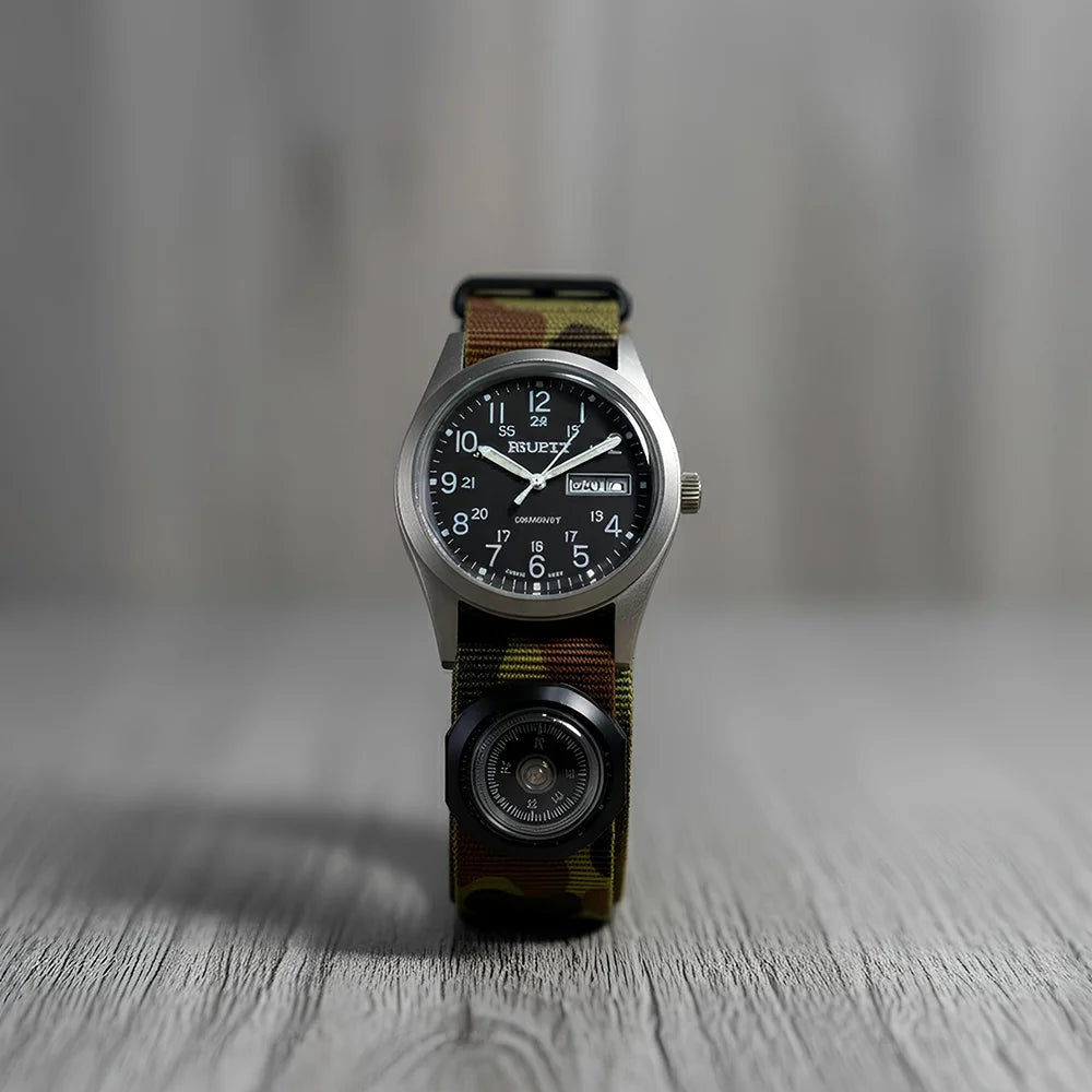 Vintage Consort Quartz Field Watch Day-Date Japan Mov’t on Camo NATO with Strap Compass